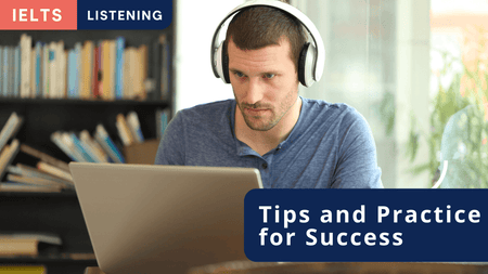 A student working on a laptop, wearing headphones. Title IELTS Listening – Tips and Practice for Success.