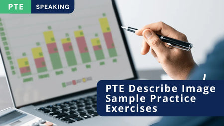 A computer screen showing a bar chart for PTE Describe Image, and a hand holding a pen ready to make notes, with the title PTE Speaking – Mastering PTE Describe Image – Sample Practice Exercises.