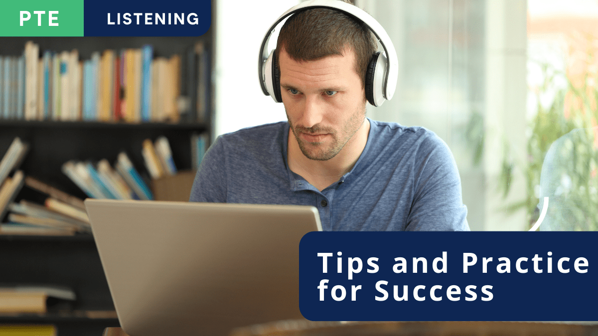 A student working on a laptop, wearing headphones. Title PTE Listening – Tips and Practice for Success.