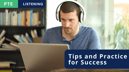 A student working on a laptop, wearing headphones. Title PTE Listening – Tips and Practice for Success.