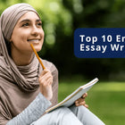 A girl with a notepad and pen thinking of writing ideas, with the title Top Ten English Essay Writing Tips