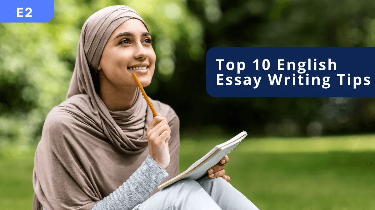 A girl with a notepad and pen thinking of writing ideas, with the title Top Ten English Essay Writing Tips
